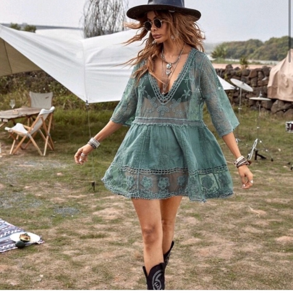 Boho Lace Green Swim Coverup | New Bohemian Lace Swim Coverup NWOT - Picture 2 of 8